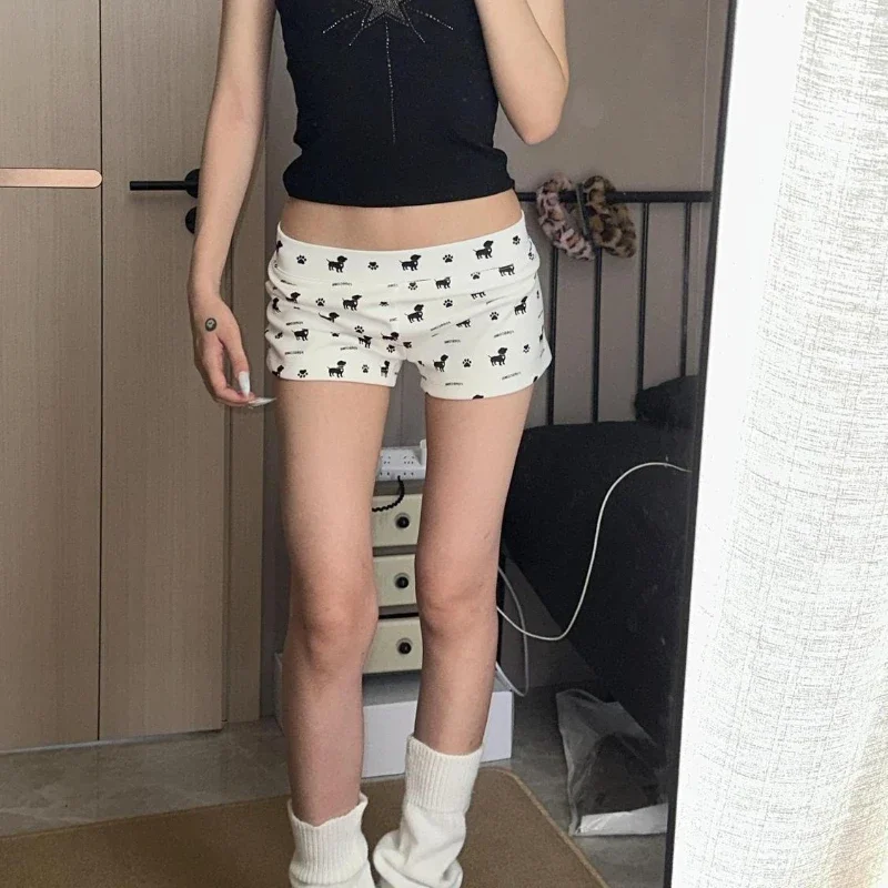 White Dog Graphic Print Shorts Women Y2k Cutecore Low Waist Straight Short Trousers Kawaii Korean Fashion Slim Hot Pants