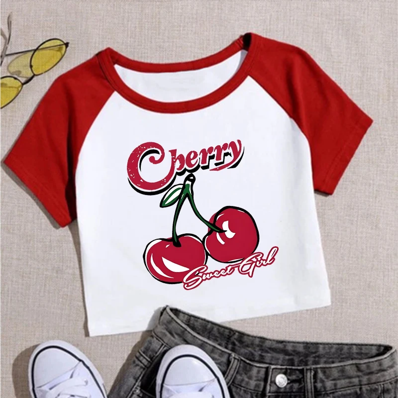 Gothic Harajuku Aesthetics Punk T-Shirts Y2k Creative Cherry Pattern Printing Tee Women Sexy Streetwear 2000s Emo Girls Crop Top