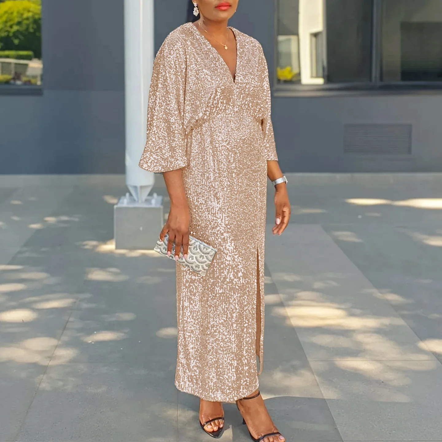 Sequin Dress Women Ankle Length Dresses High Waist Loose Party Night Club V  Neck Lantern Sleeve Slight Strech Casual Vestidos - AliExpress 200000345