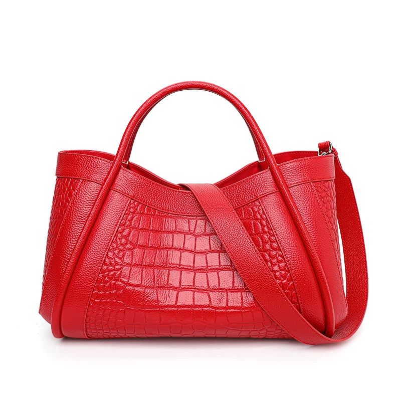 Aidrani Trendy Crocodile Patterned WOMEN\'S Handbag, Red Large Bag, Made of Soft and Comfortable Cowhide