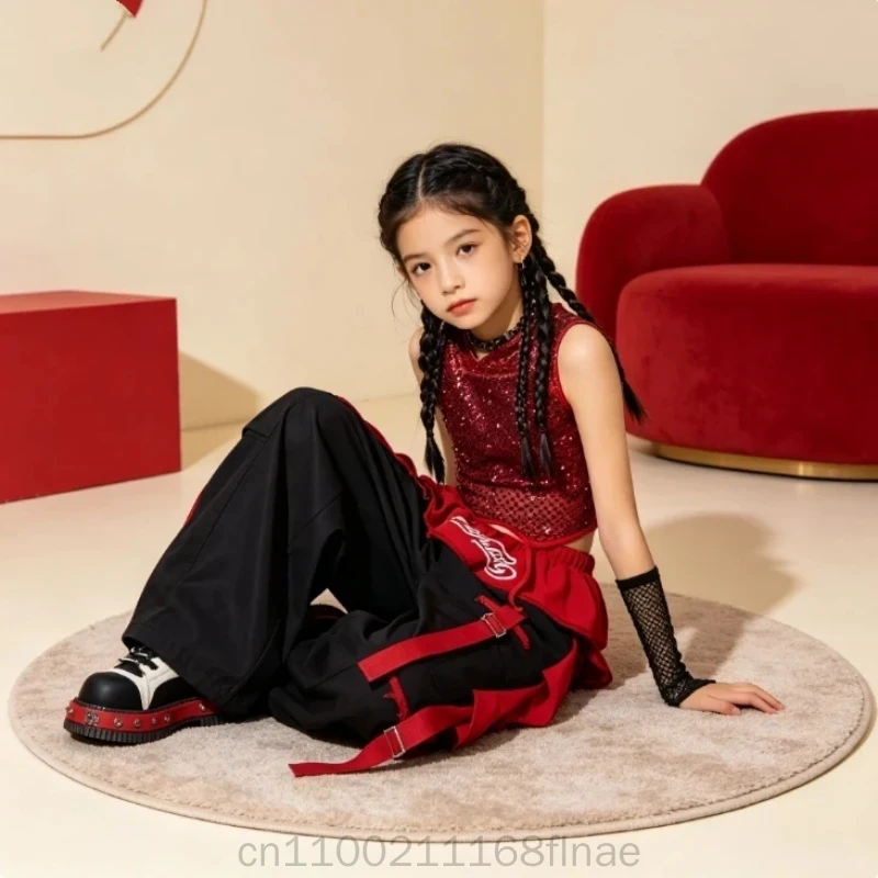 Girls' Red Sequin Jazz Dance Costume, Children's Jazz Practice Costume, Children's Street Dance Performance Costume, Girls' Suit