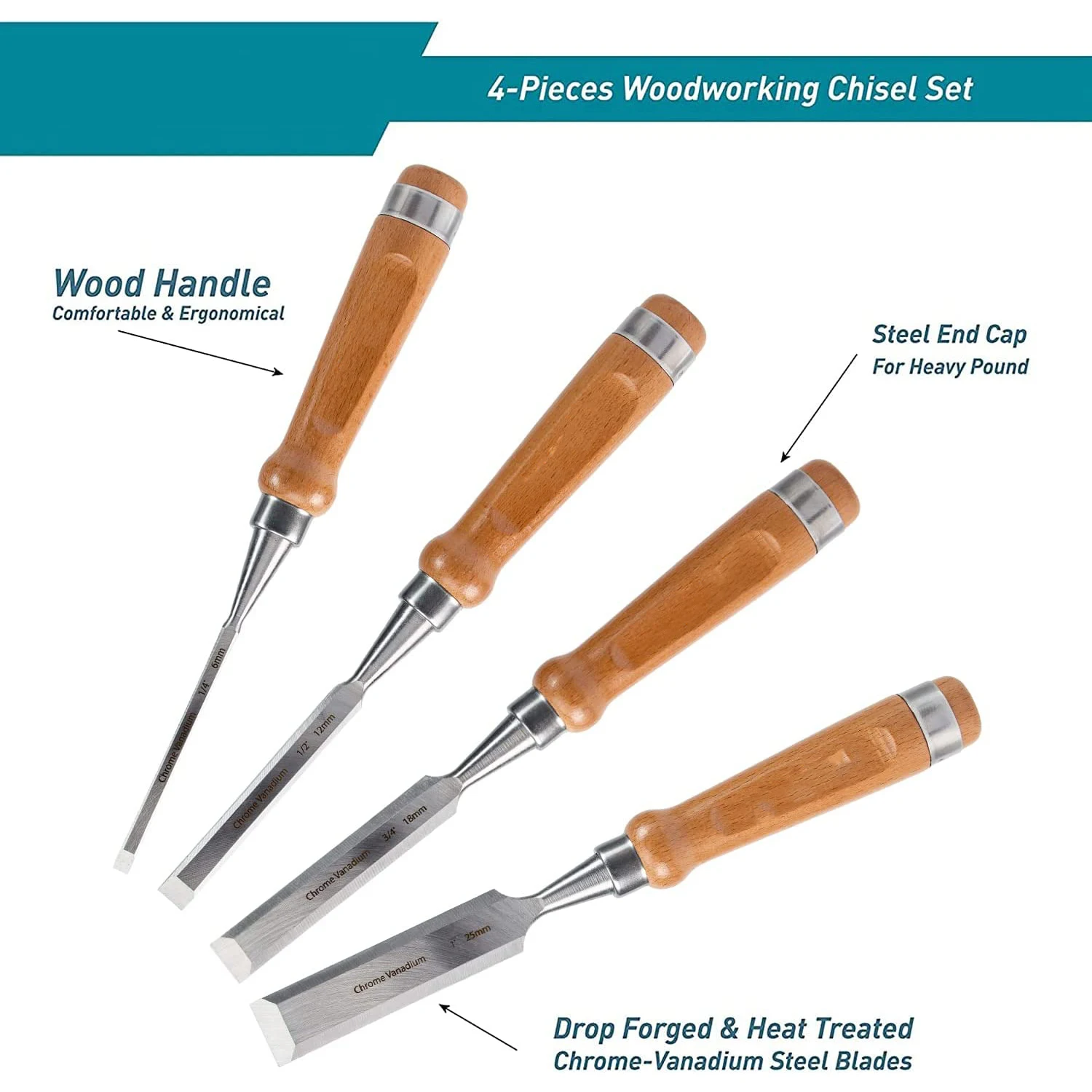 Woodworking Chisel Set, 4 Piece Cr-V Wood Chisel Set, Professional Chisels for Carpenters