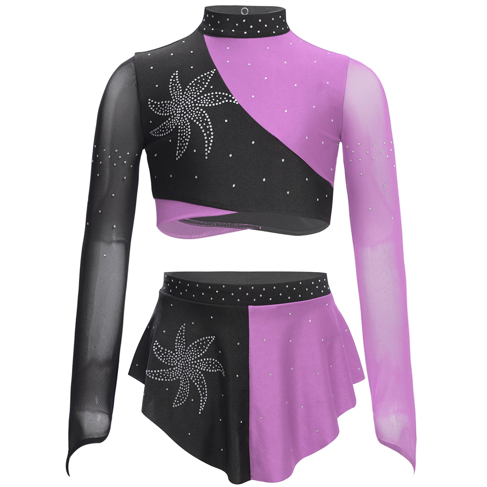 Justaucorps de gymnastique pour enfants filles, Costume de spectacle de danse lyrique, patinage artistique, strass brillants, haut court avec jupe
