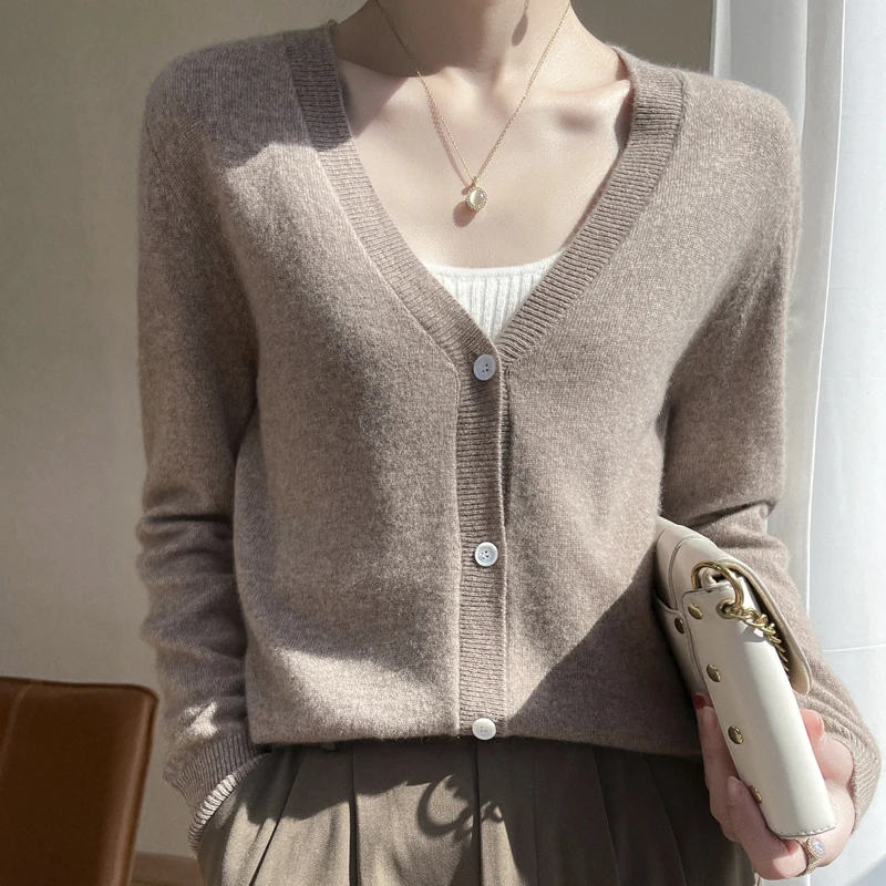 Women V-neck Cashmere Cardigan Spring Summer Autumn 100% Cashmere Knitted Sweater Soft Comfort Basic Long Sleeve Clothes Tops