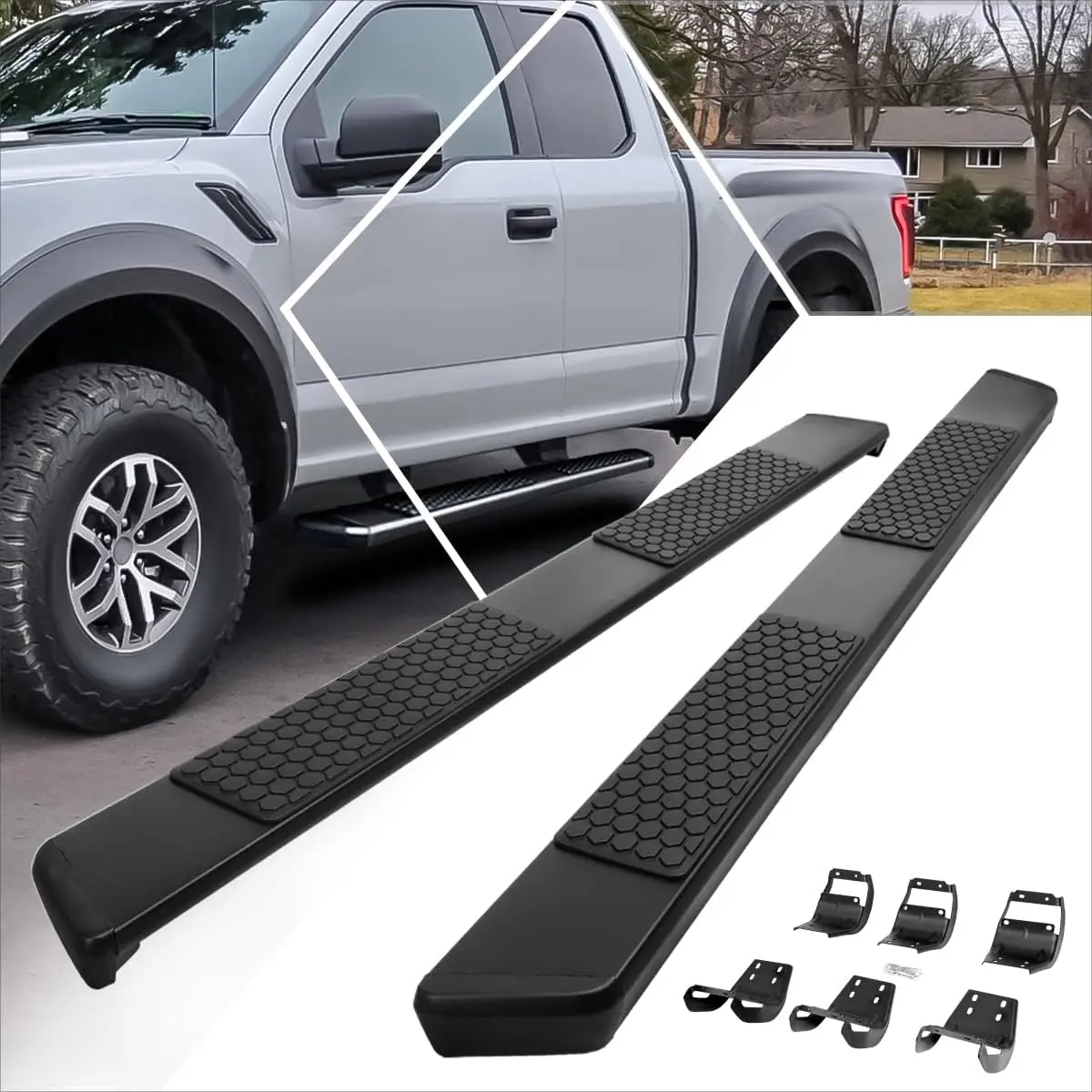 

[Пары] 5,5-дюймовые черные подножки из нержавеющей стали/боковые ступеньки/бары Nerf, совместимые с 15-24 F150-F350 Super/Extended Cab