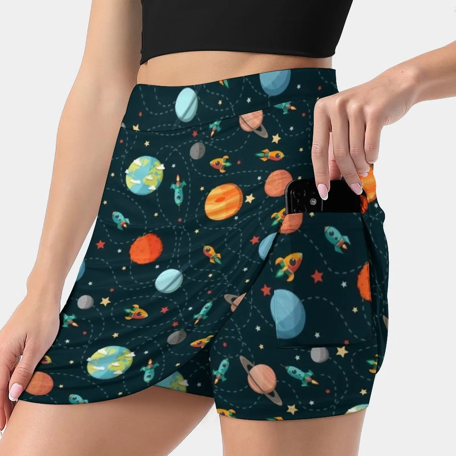 Space Adventure Women's skirt Mini Skirts A Line Skirt With Hide Pocket Space Planet Cartoon Pattern Vector Earth Rocket