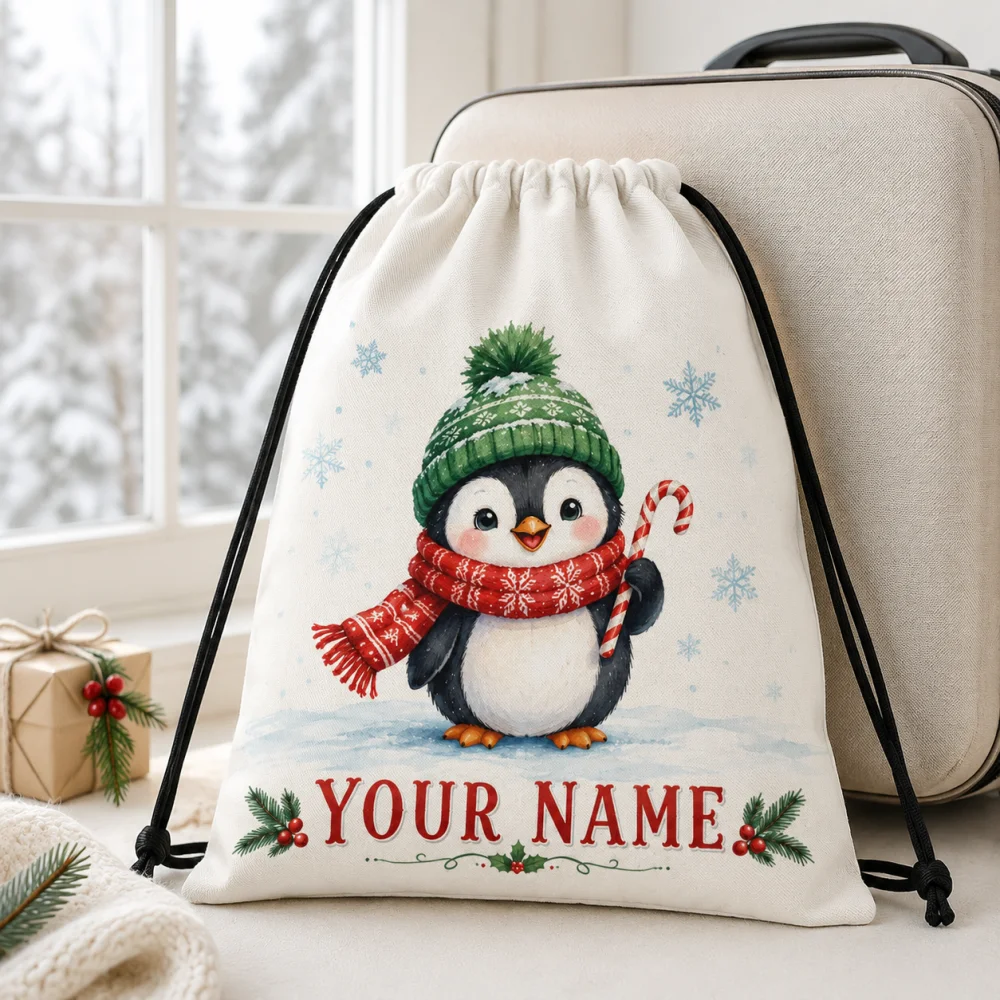 1PC Personalized Cute Christmas Penguin Print Drawstring Backpack, Polyester Custom Name Sack for Xmas Holiday Gift Storage