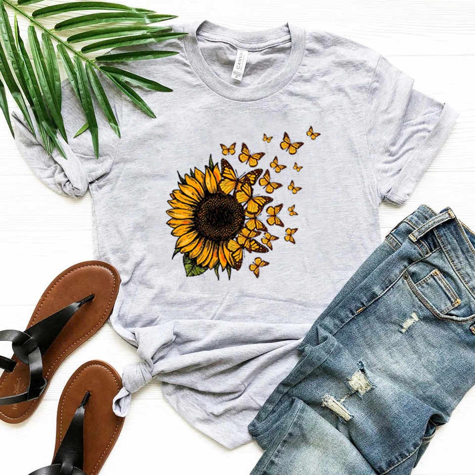 

Sunflower Butterfly T Shirt Butterfly Shirt Sunflower Tee Women Short Sleeve Tshirts Streetwear Women Top Casual T-shirts Tee