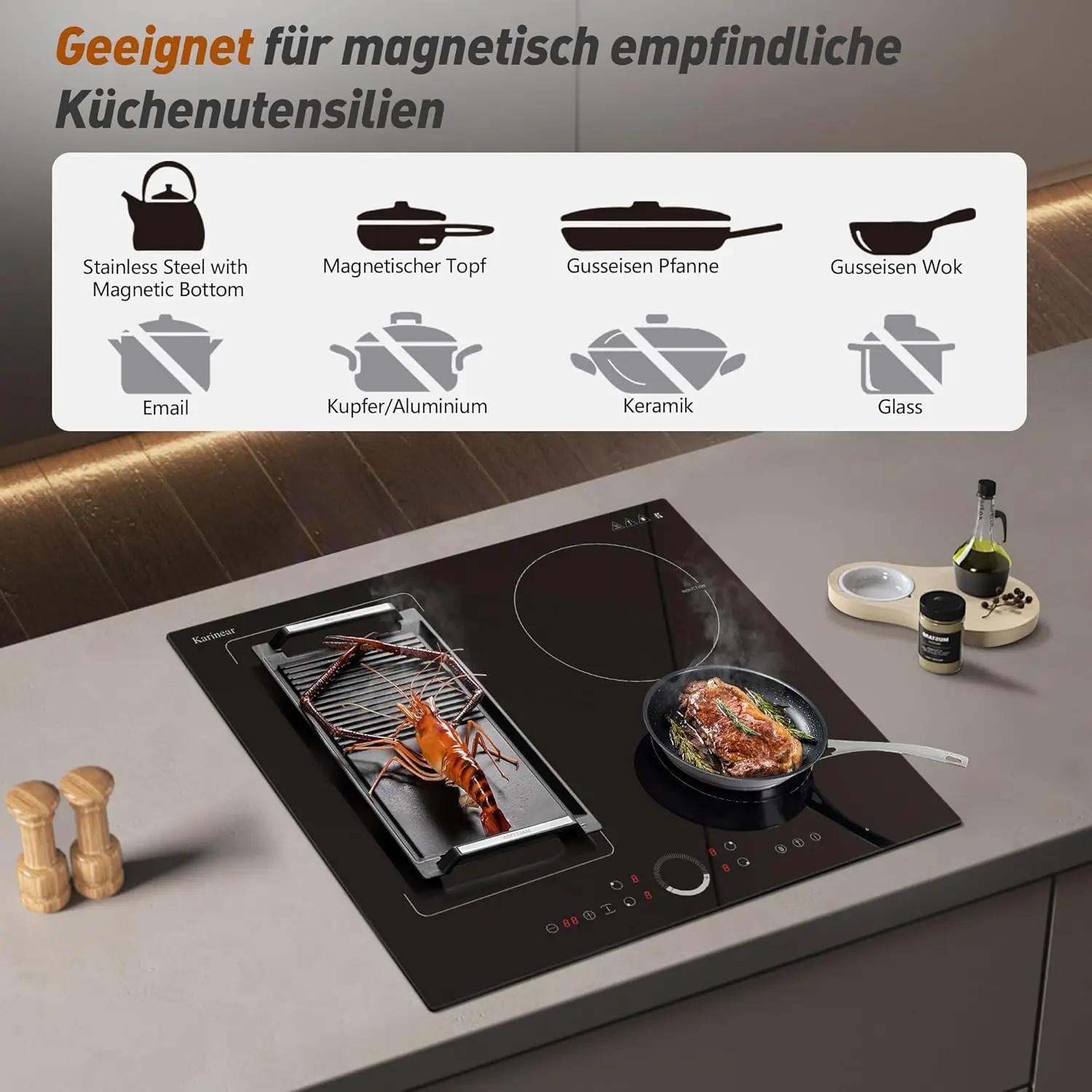 موقد كارينير التعريفي 4 مناطق مع منطقة مرنة، مدمج 60 سم بدون قابس، تحكم دائري، معزز، مؤقت، 220 فولت - 240 فولت، 7200 وات #4