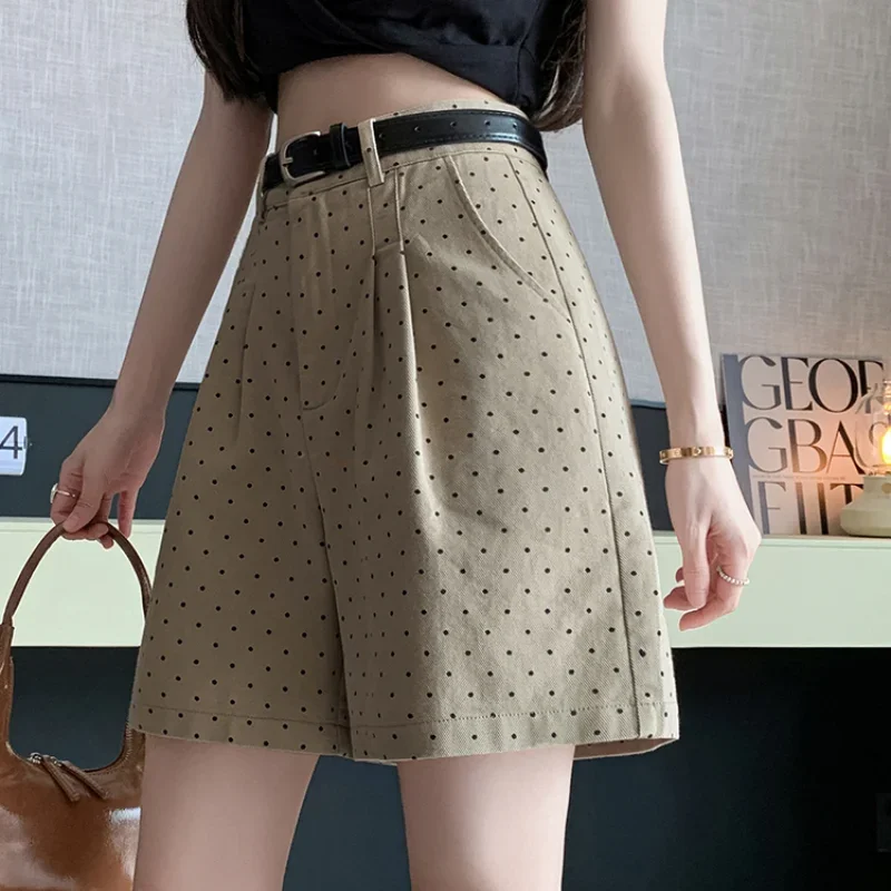 Casual Shorts Women  Summer Retro Polka Dot Wide Leg Shorts Ladies Fashion High Waist A-line Cargo Shorts With Belt