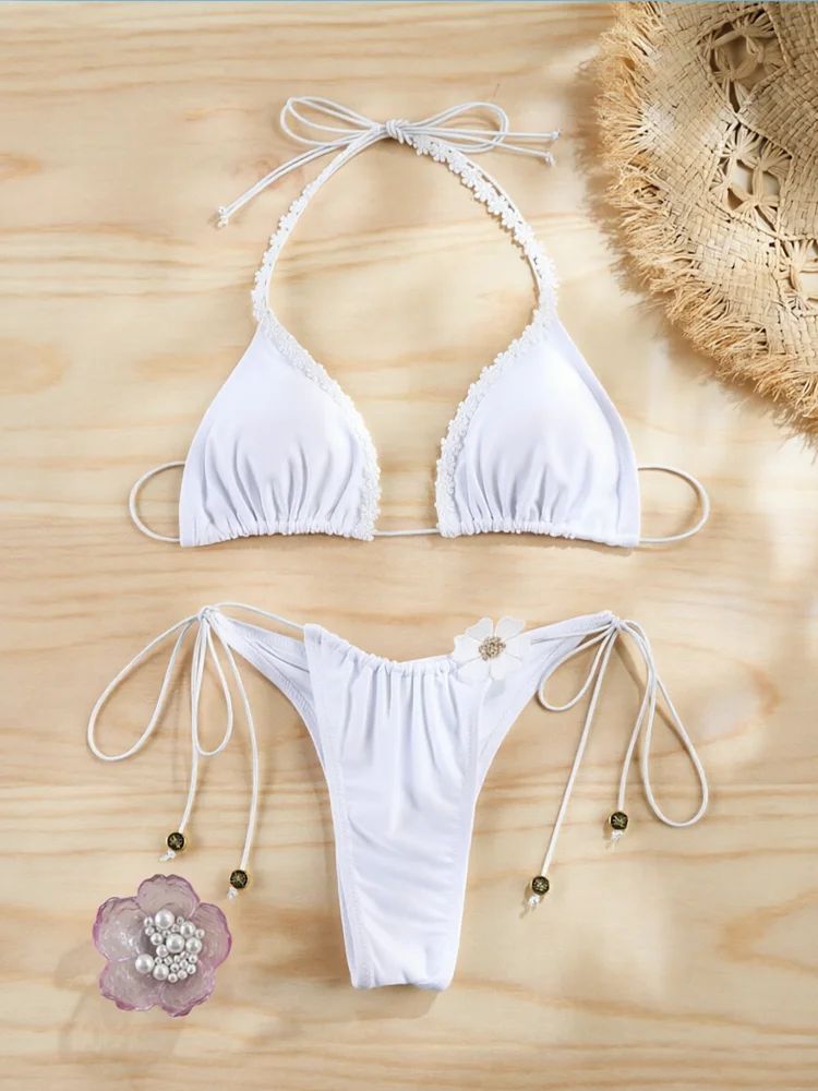 White Swimsuit Flower Bikini Halter Bikinis High Cut Swimwear String Swimsuits Triangle Bathing Suit Holiday Beachwear