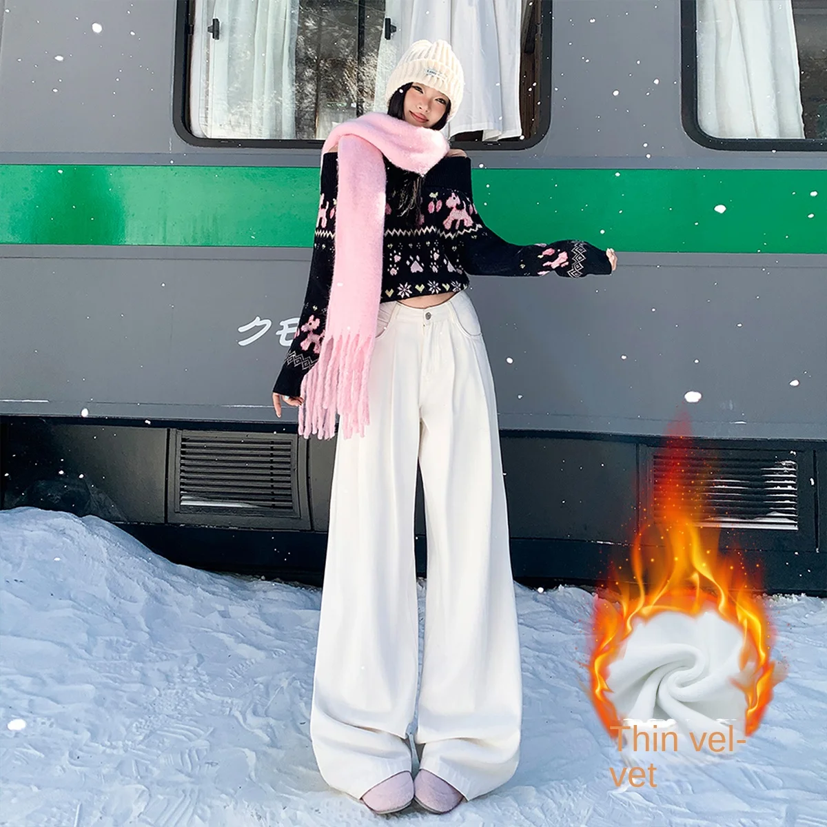 

Женские осенне-зимние новые американские ретро однотонные широкие прямые брюки с напуском, удлиненные джинсы длиной до пола на флисовой подкладке