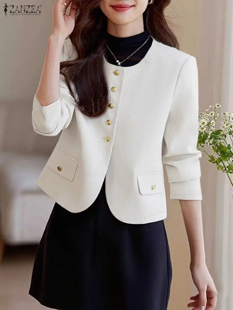 

ZANZEA Elegant Office Lady Blazer Women 2025 Autumn O-Neck Long Sleeve Solid Color Lightweight Suit Jackets OL Work Wear S-3XL