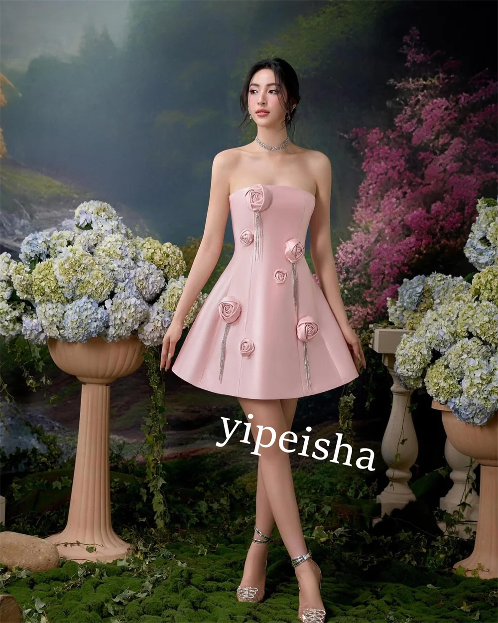 Jersey Tassel Flower Valentine's Day A-line Strapless Bespoke Occasion Gown Knee Length Dresses