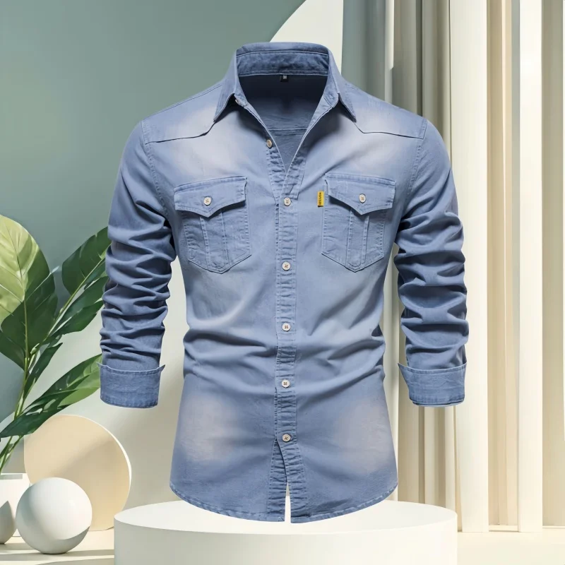 

Men's Spring-Autumn Casual Fashion Denim Shirt - Men's Collared Design - Solid Color Men's Long-Sleeved Shirt - Casual Shopping