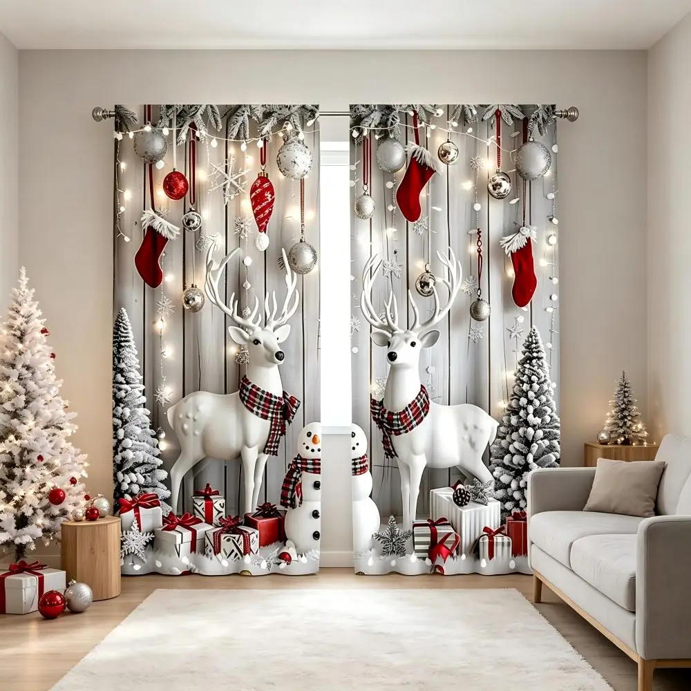 2PCS Christmas Winter Curtains, White Reindeer Snowman, Digital Print, Bedroom Living Room, Rod Pocket Polyester, Home Decor