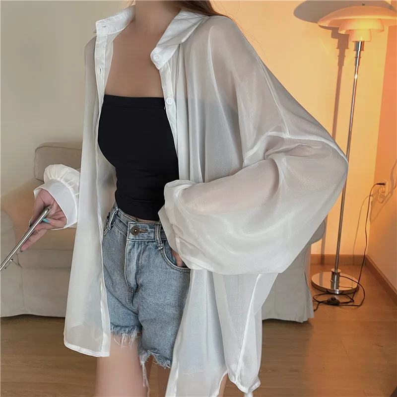 Semi Sheer Long Sleeve Shirt for Women Shimmer Button Down Collared Plain Lightweight Shirt Spring Summer Chic Tops Outfit