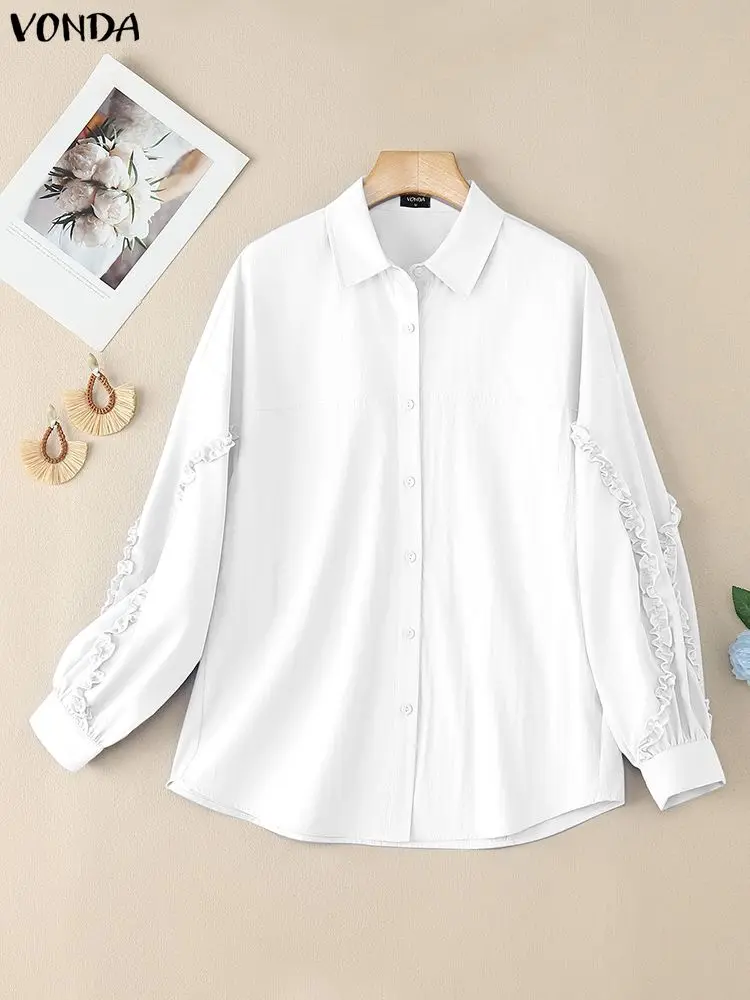 Plus Größe 5XL VONDA Mode Blusen Frauen Herbst Lange Laterne Hülse Shirts 2025, Solide Rüschen Tunika Tops Beiläufige Lose Blusas