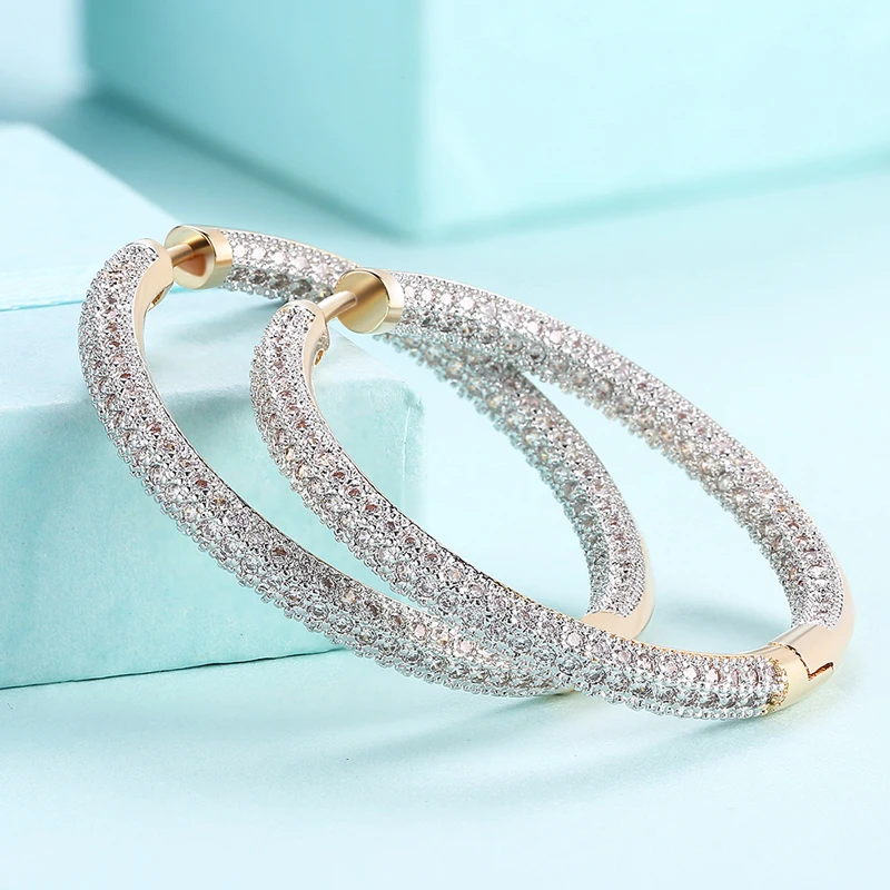 925 Sterling Silver 34mm 18K Gold Zircon Circle Hoop Earrings For Women Fashion Wedding Jewelry