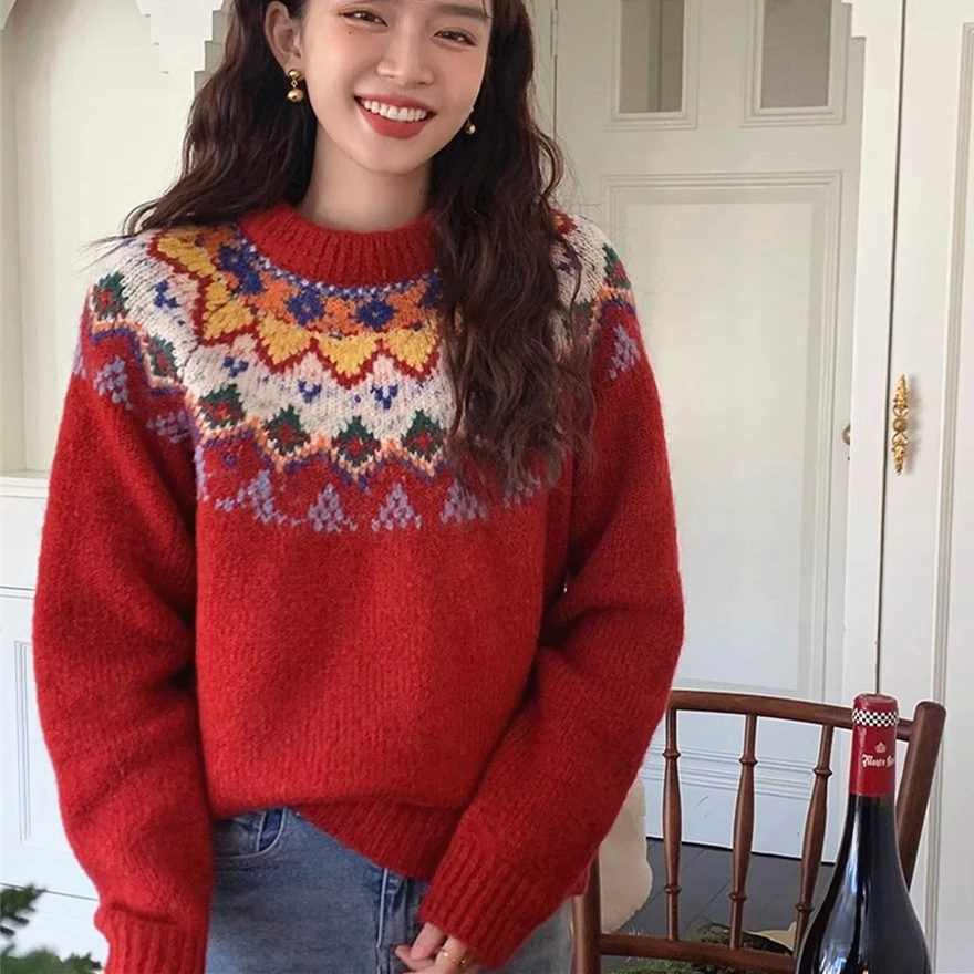 Fair Isle Vintage Pattern Sweaters for Girls Women Cute Christmas Red Knitted Pullover Comfortable Winter Jumper Loose Oversized