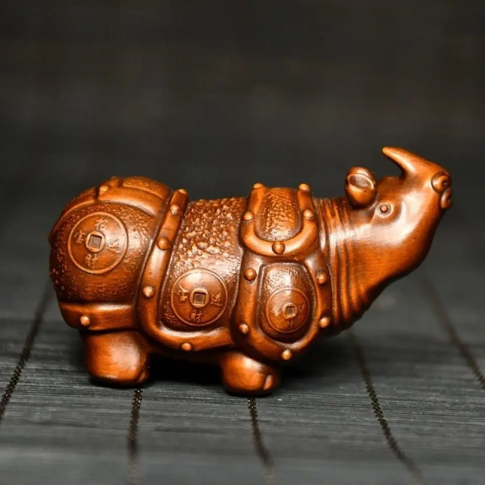 Hand Carved Wood Cute little rhino Statue Figurine Desktop Ornaments Home Decoration