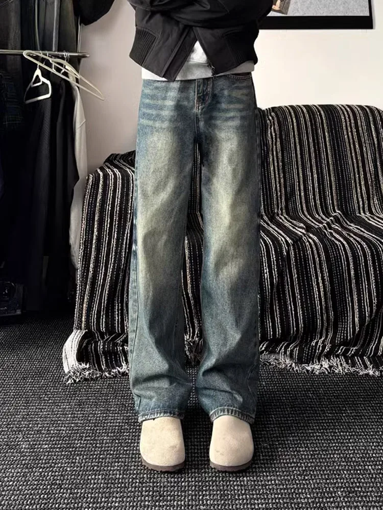 Cleanfit Vintage Blue Waed Jeans Men High Waist Slim Straight Leg American High Street Trendy Brand Wide Leg Pants