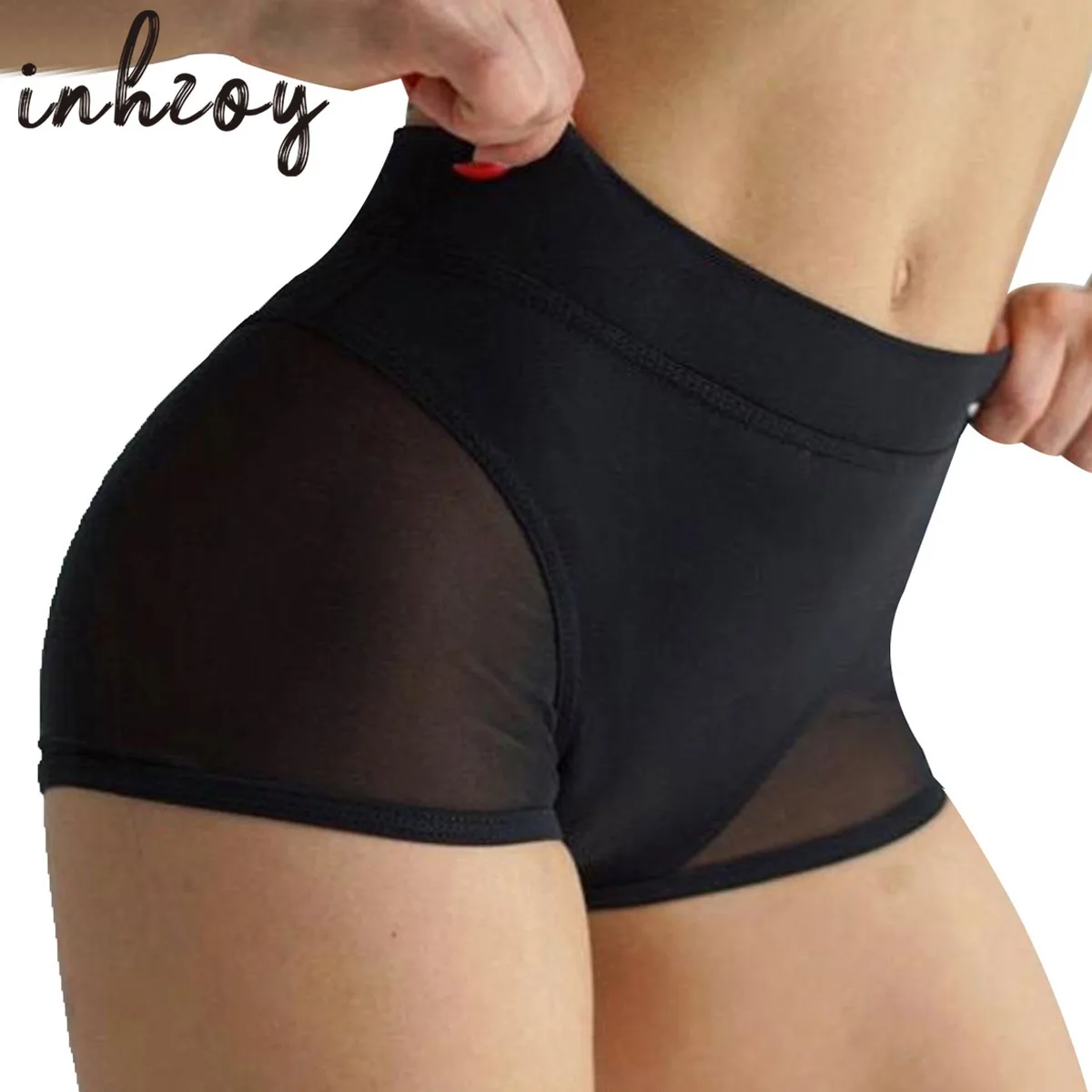 

Women Sexy Booty Shorts Mesh See-through Hollow Out High Waist Workout Fitness Shorts Cheer Dance Shorts Pole Dancing Clubwear