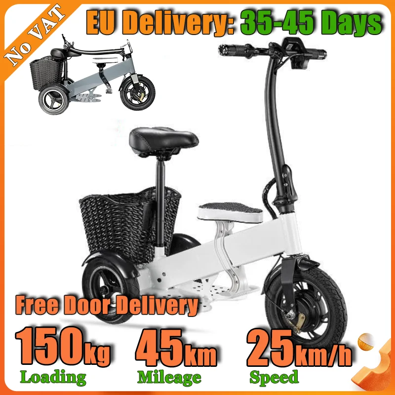 250W Foldable 3Wheel E Scooter With Child Seat&Basket 45KM Long Range Dual Shock Absorption 12Inch Vacuum Tire Electric Tricycle