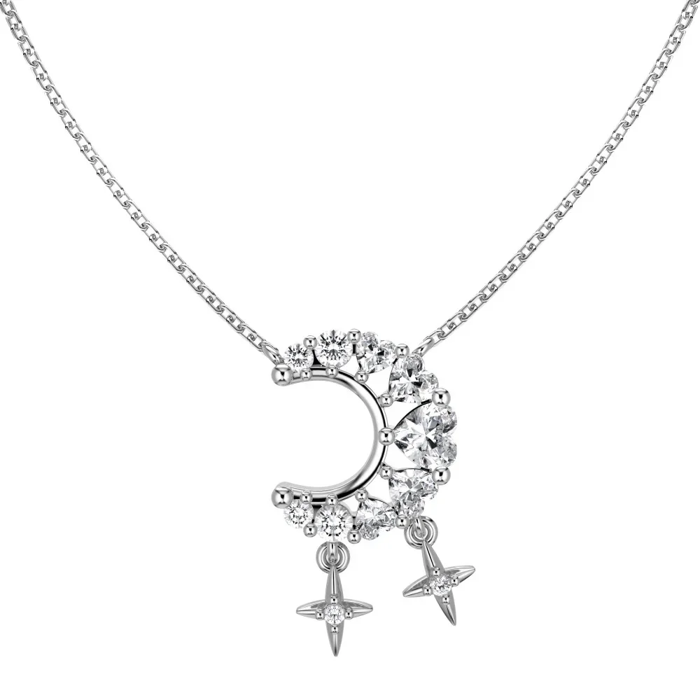 

925 Sterling Silver Necklace, Women's Hollowed Out Moon Design, Heart-shaped Zirconia Inlay, Exquisite