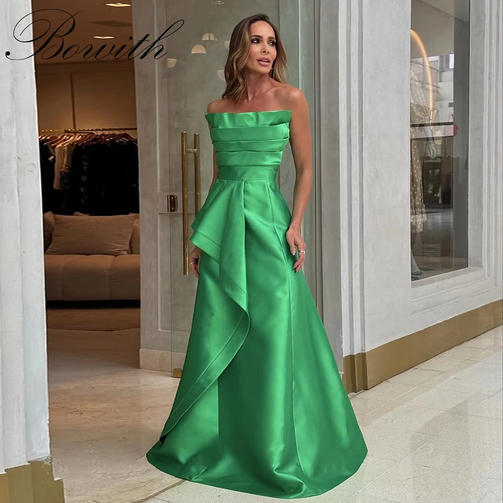 

Bowith Green Satin Evening Dresses Strapless Floor-Length Prom Dresses Customized Sleeveless Draped Party Dresses