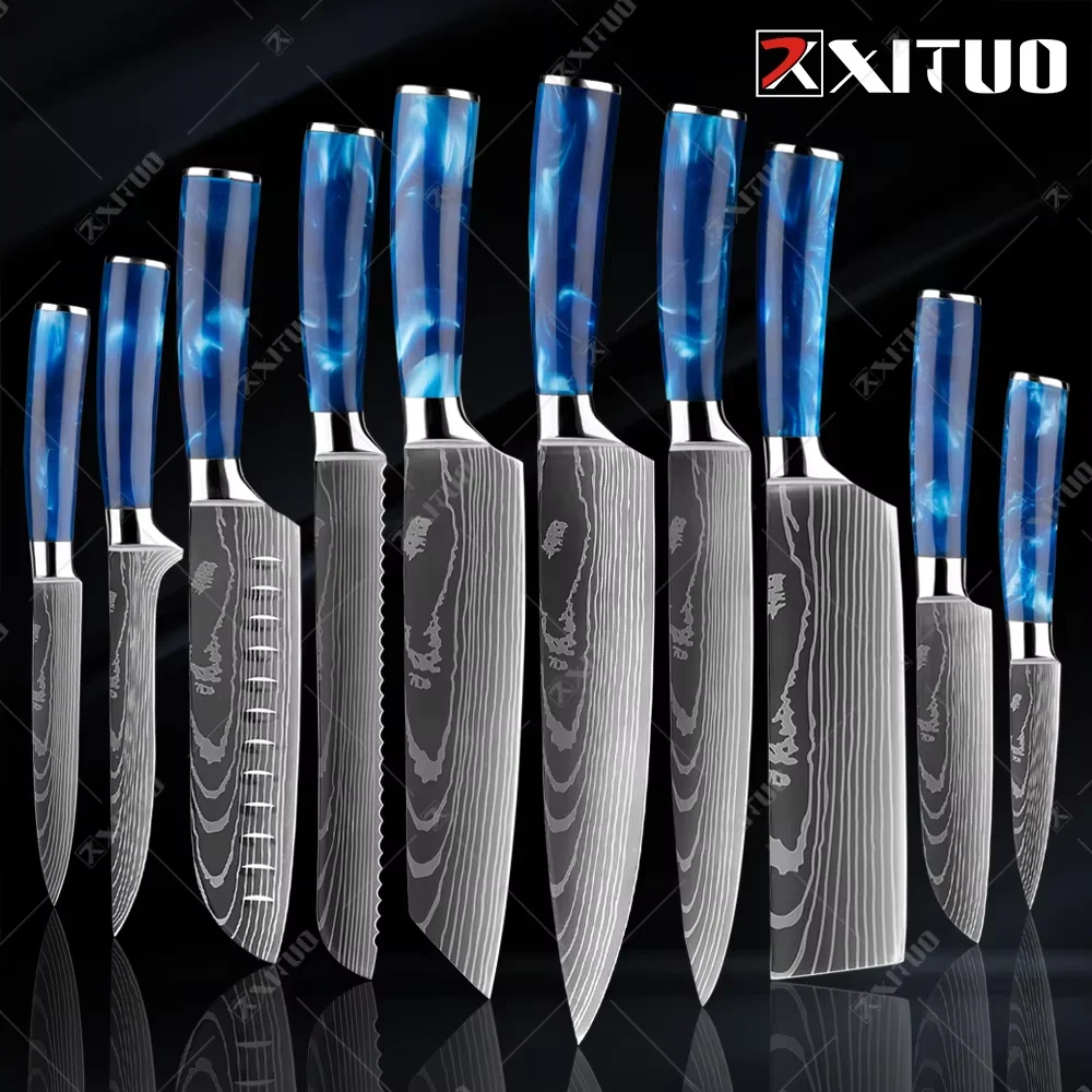 

XITUO Kitchen Knife Set Blue Resin handle Stainless Steel Chef Knife Sharp Japanese Santoku knives Slicing boning bread knife