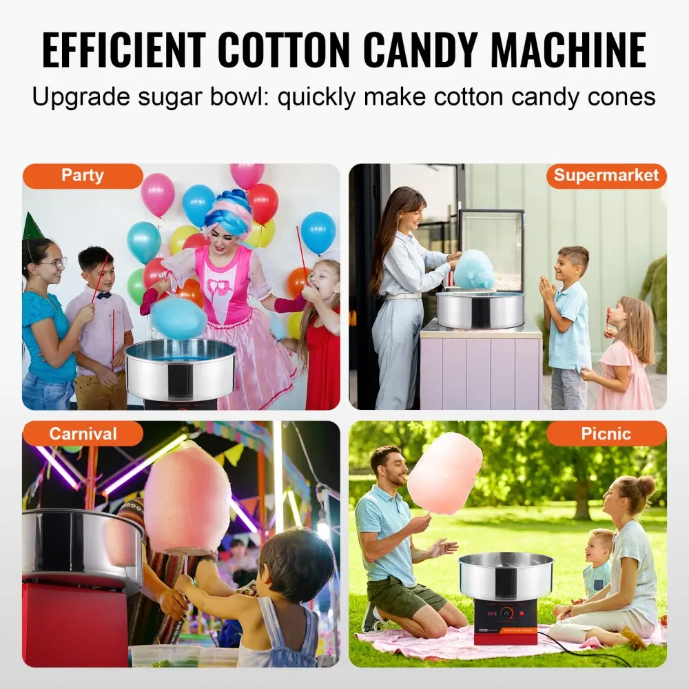 VEVOR Electric Cotton Candy Machine Candy Floss Maker Commercial Cotton Candy Machine with Stainless Steel Bowl and Sugar Scoop