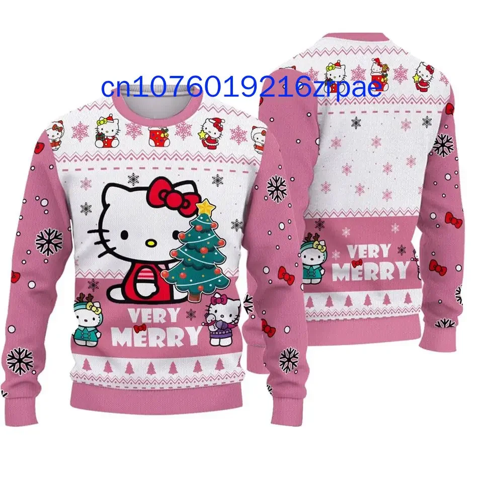 2024 novo natal hello kitty suéter feio masculino e feminino casual desenho animado moletom de natal