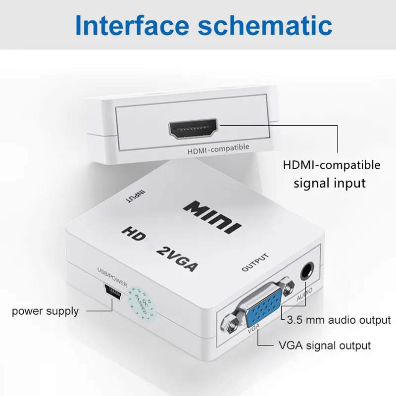 HDMI-compatible to VGA Adapter With Audio VGA to HD Converter HDMI Adapter for Notebook 360 DVD PS3 PC HD 1080P TV Box Projector