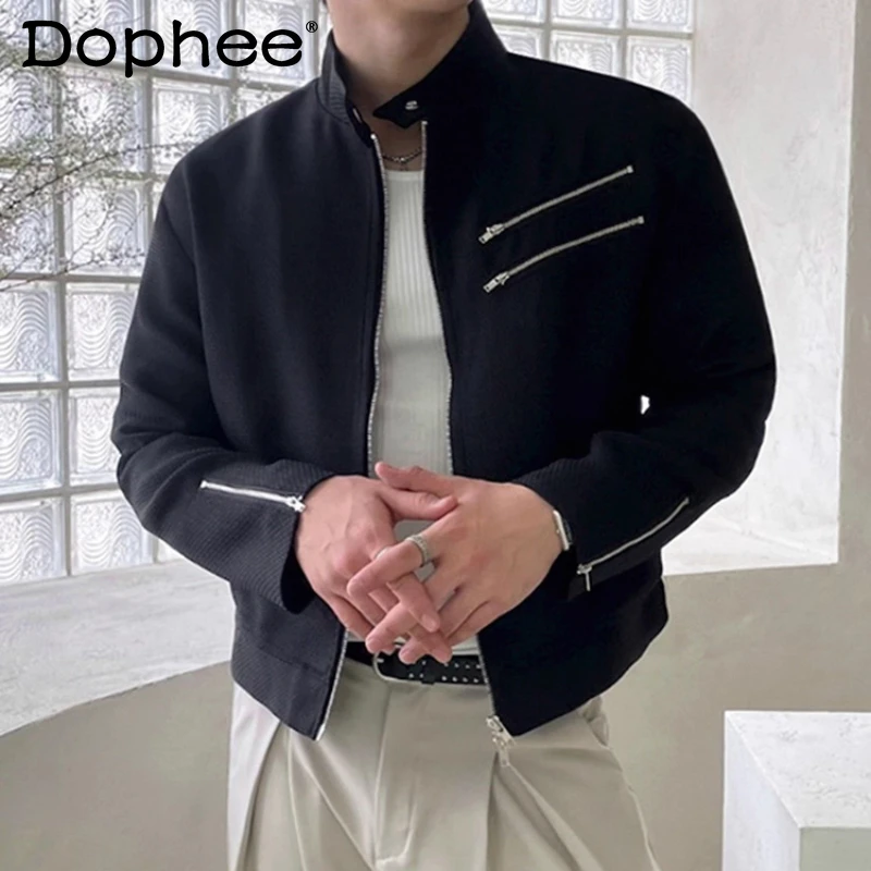 

Men's Handsome Short Style Stand Collar Jackets Men's 2025 Autumn New Chic Tops Fashion Trend High-end Multi Zipper Design Coats