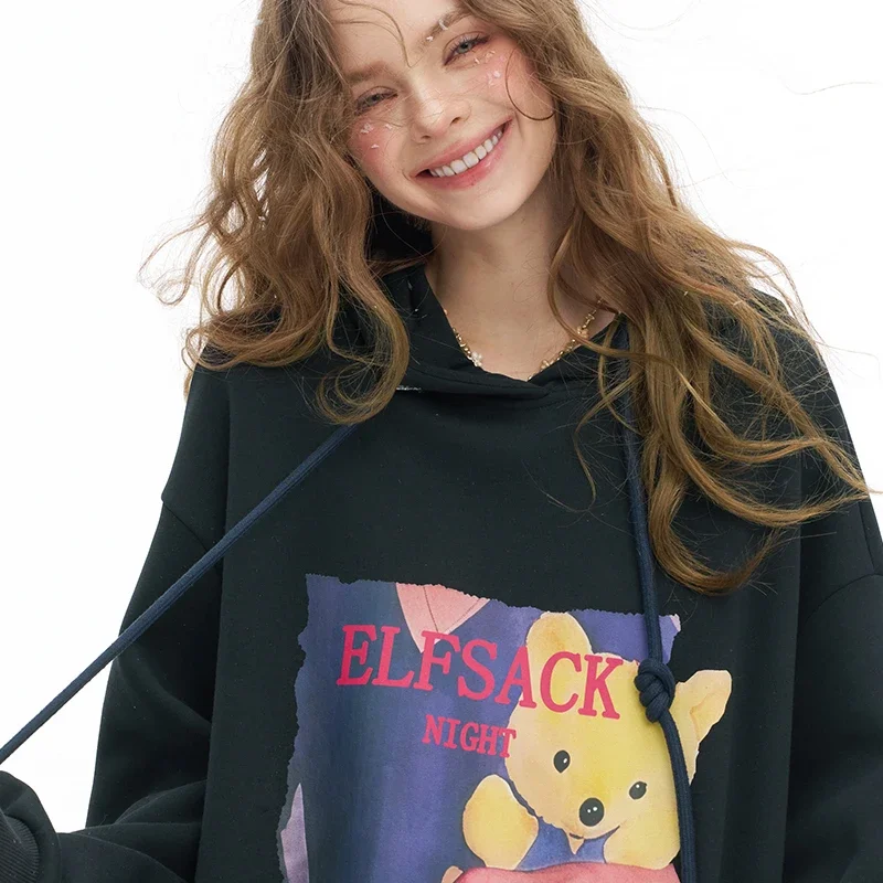 ELFSACK Y2K Casual Loose Animal Graphic Letter Graphic Solid Hooded Drawstring Sweatshirt For Women