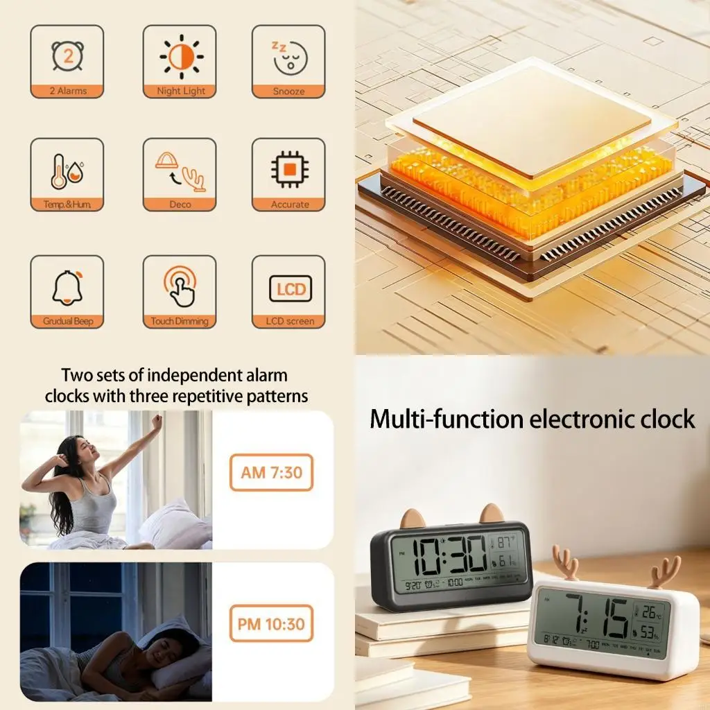 62KD Digital Alarm Clock Desk Clock for Living Room Bedroom with Night Light Date
