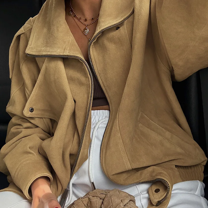Women's Vintage Khaki Suede Jacket, Oversized Stand Collar Moto Coat with Belt & Buckle Detail, Fall Streetwear
