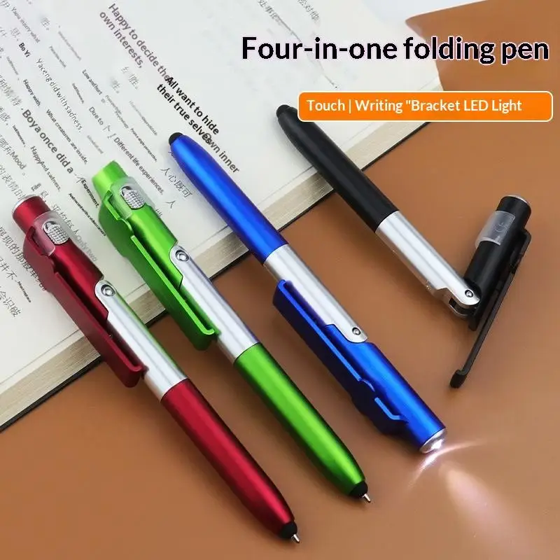 4 In 1 Multifunction Folding Pen LED Light Stylus Touchscreen Phone Holder for Students Teachers Use