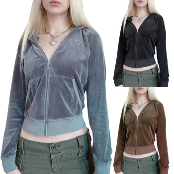 สีน้ําตาล Y2K เสื้อสเวตเตอร์ถักผู้หญิงแขนยาว Zip Up เสื้อสเวตเตอร์ถักถักจัมเปอร์ Cropped ฤดูใบไม้ร่วงเสื้อผ้า