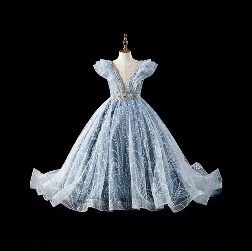 Crianças pageant vestidos de noite rendas flor menina lantejoulas vestido casamentos festa de aniversário robe para meninas vestidos de primeira comunhão