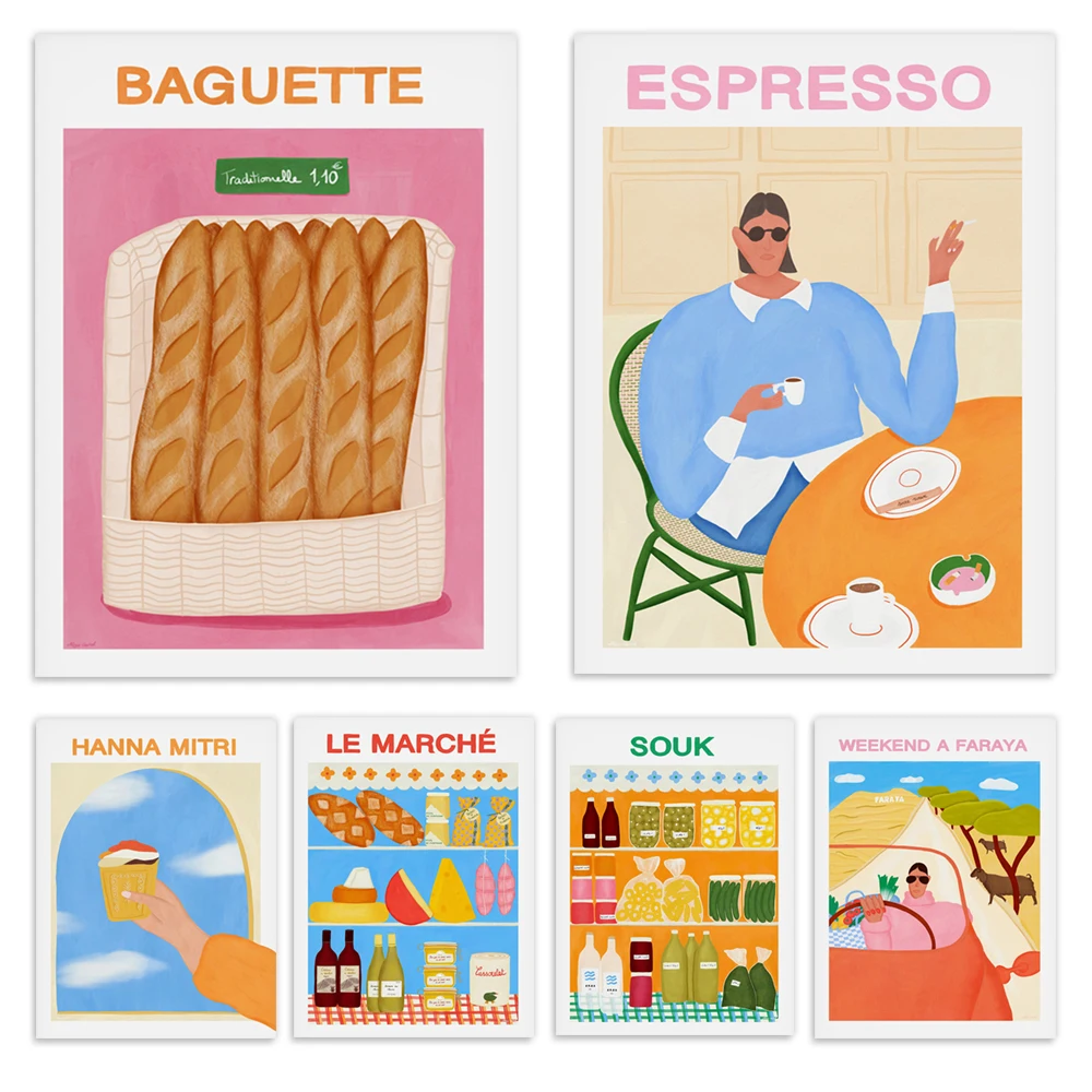 Lebanese art, Turkish coffee, espresso, macarons and baklava, baguette, french art, food prints, museum, Beirut travel poster