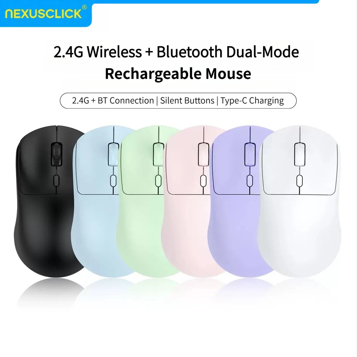 NexusClick Rechargeable Wireless Gaming Mouse, Silent Computer Mice with Bluetooth/USB receiver Mouse for Mac PC E-Sports Office