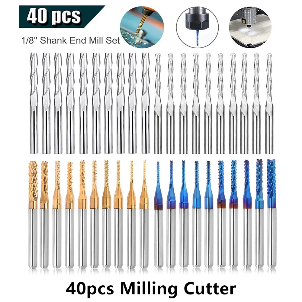 Twotrees End Mill Engraving Bits Set Nano Blue Coated CNC Router Bits Cutting Milling Cutter 1/8