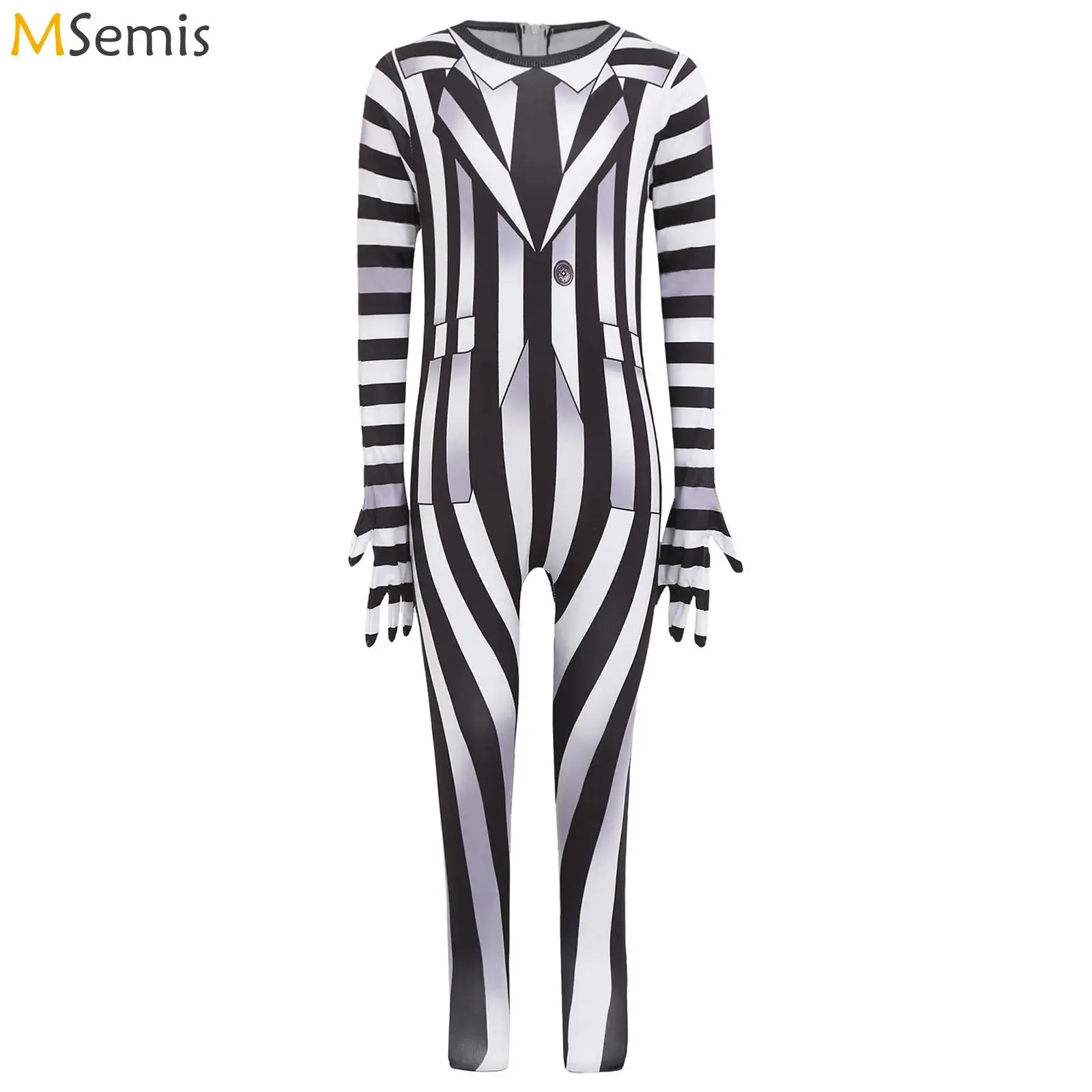 

Kids Girls Boys Horrible Monk Scary Halloween Costumes Black And White Striped Print Jumpsuit Back Invisible Zipper Bodysuit