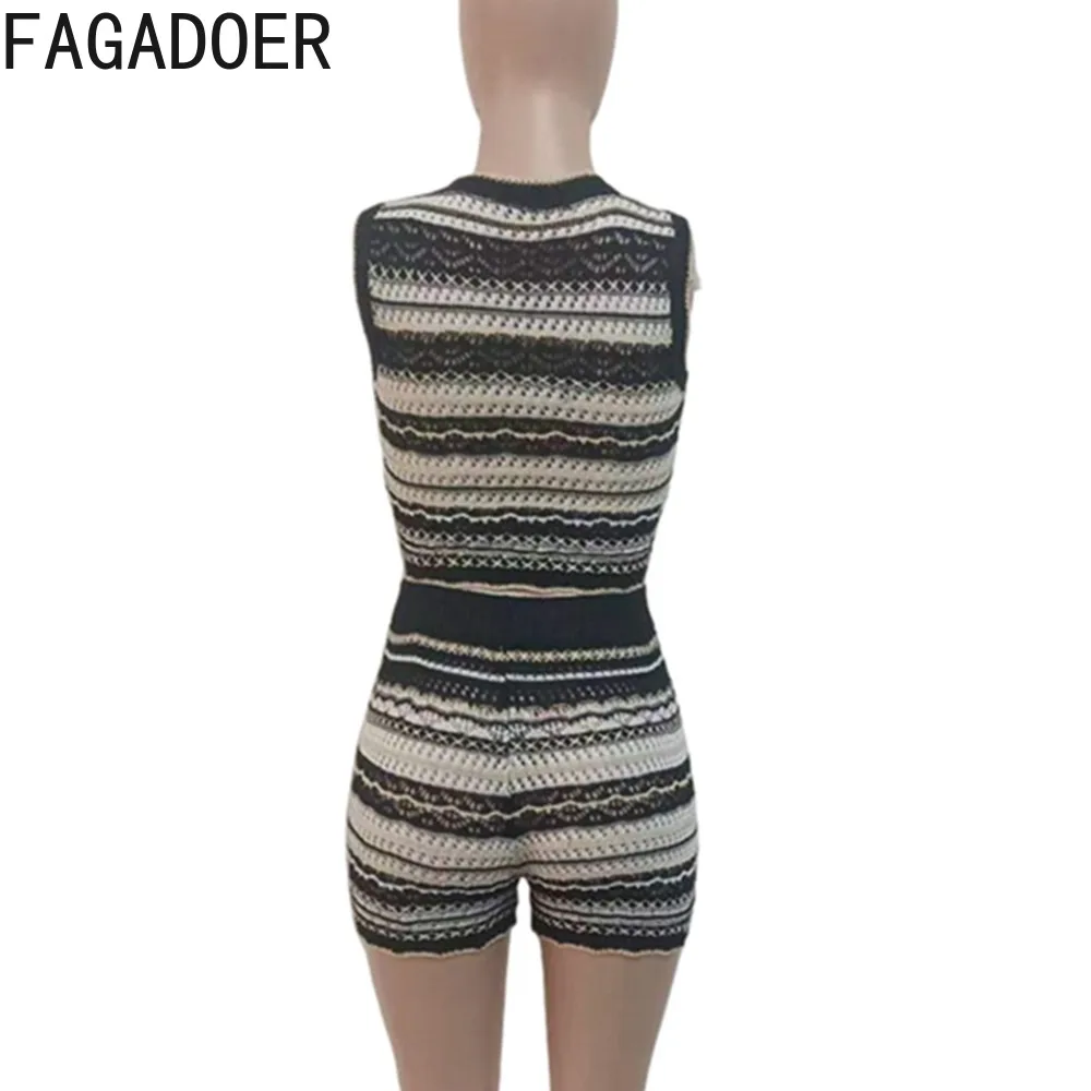 FAGADOER Summer New Striped Knitting Hollow Out Two Piece Sets Women Round Neck Sleeveless Crop Top And Shorts Outfits Clothing