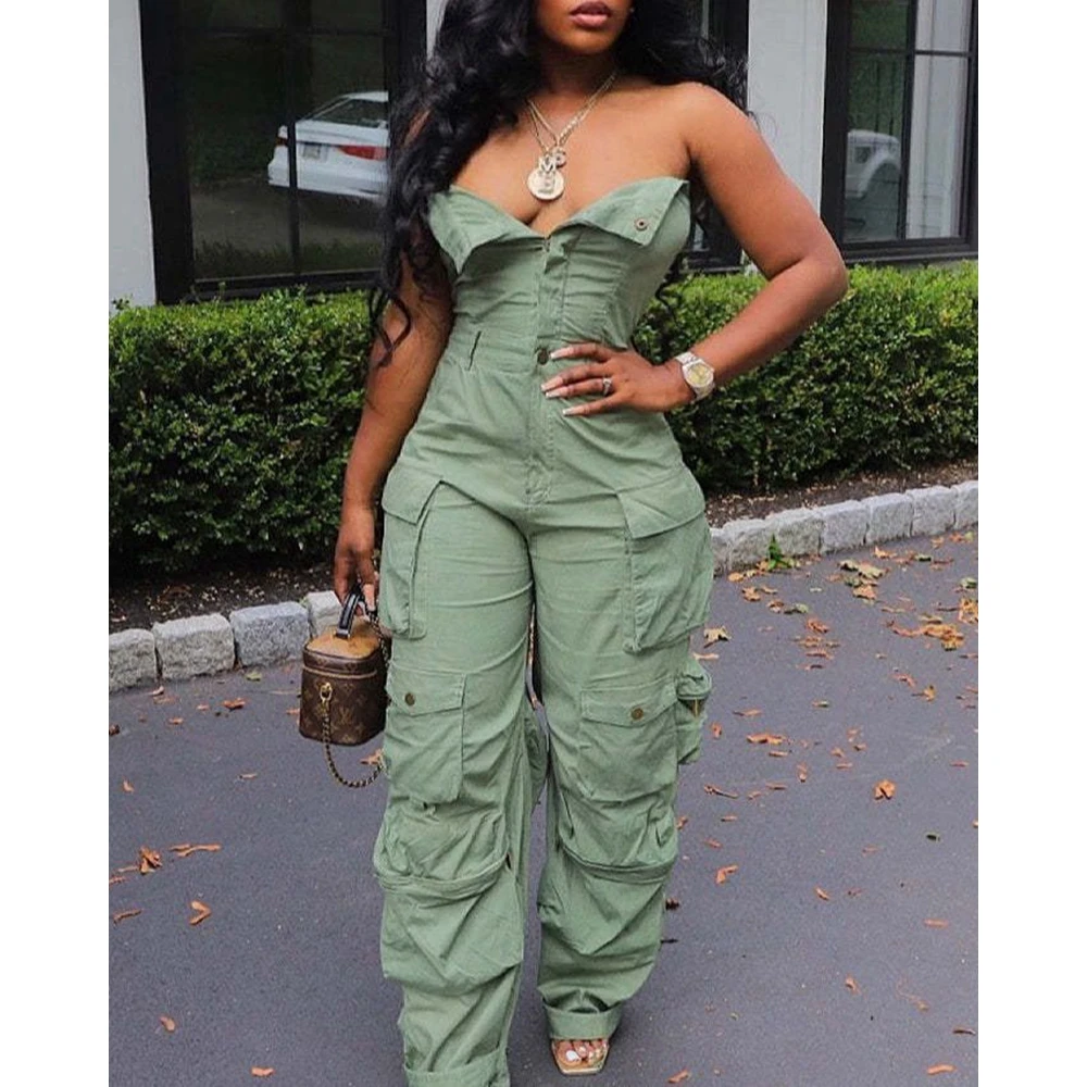 

2024 Women Bandeau Pockets Design Ruffles Cargo Jumpsuit Fashion Femme Buttoned Sleeveless Skinny Sexy Jumpsuit Party Clothes