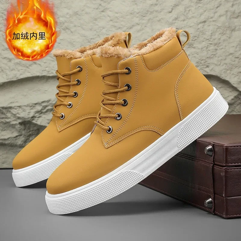 

Winter Men's Shoes Fashion High Top Sneaker Luxury Leather Casual Shoes Plush Warm Cotton Boots for Men Platform Vulcanize Shoes