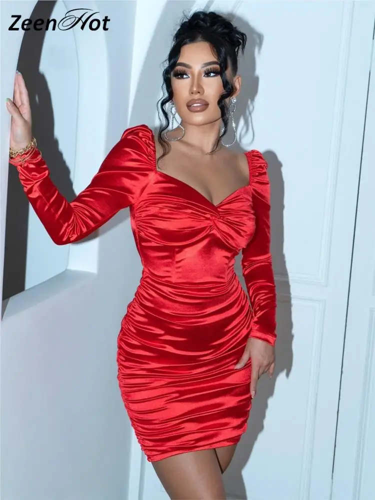 女性のためのセクシーなタイトなサテンドレス,長袖,レッド,無地,ハート型のネック,ミニ,イブニング,クラブ,新しいコレクション2022