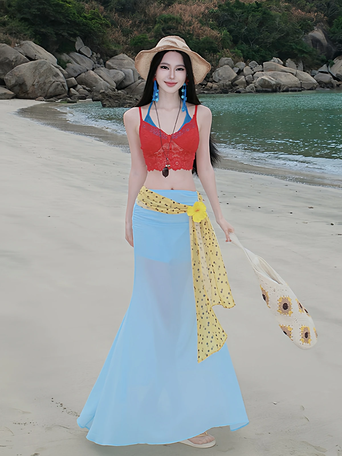 

Dopne Beautiful Lace Color Blo Strap Vest Women's Island Vaion Sle Fi Tail Me f Skirt Two Piece Set